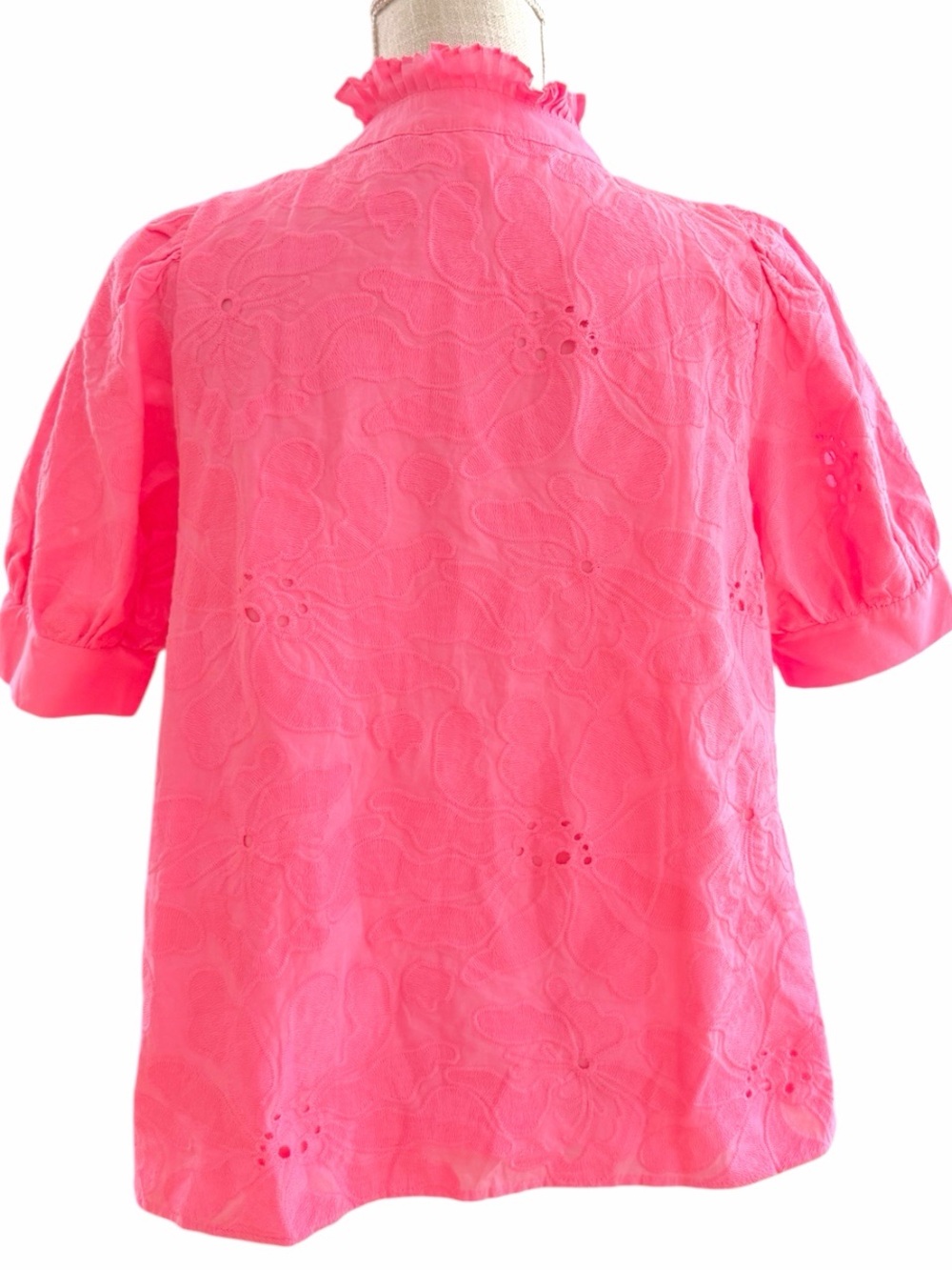 Entro Hot Pink Floral Eyelet Ruffle Neck Puff Sleeve Blouse Size M - Picture 8 of 13